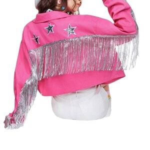 Women's Star Badge & Sequin Decor Fringed
Pink Denim Jacket